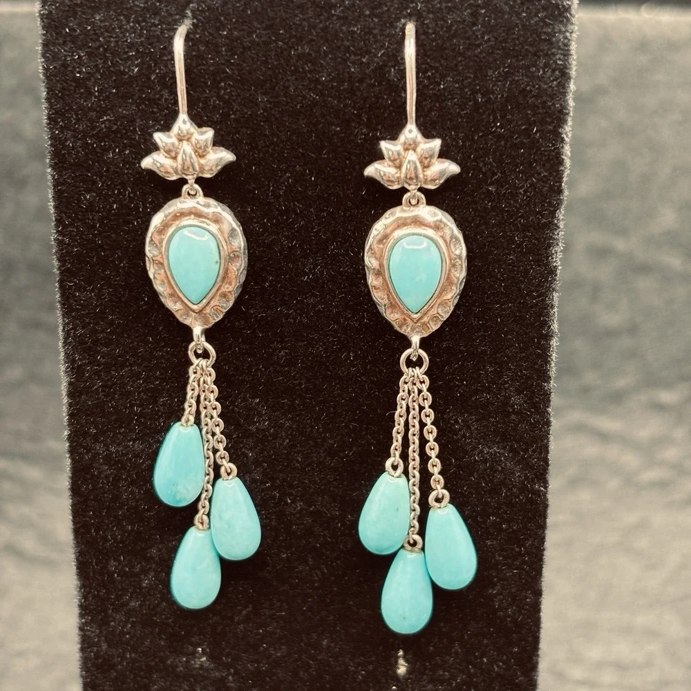 925 Sterling Silver Turquoise Dangle Earrings Floral Teardrop Boho Southwest